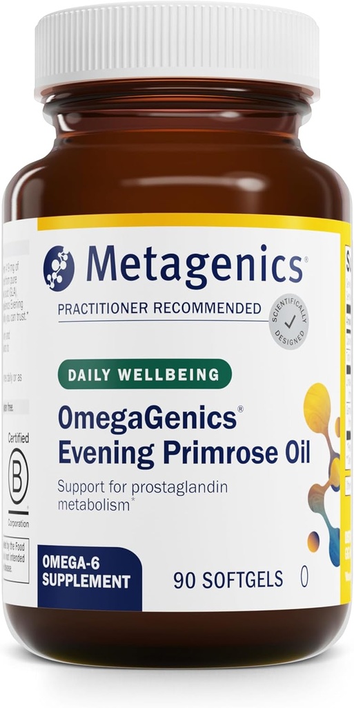 Métagène OmegaGenics Huile de Primrose - 419 mg Omega-6 avec 50 mg de GLA - Supporte la peau, l'hormone, le SPM, la ménopause et la santé immunitaire* - Non-OGM, sans gluten - Établissement certifié BPF - 90 Softgels