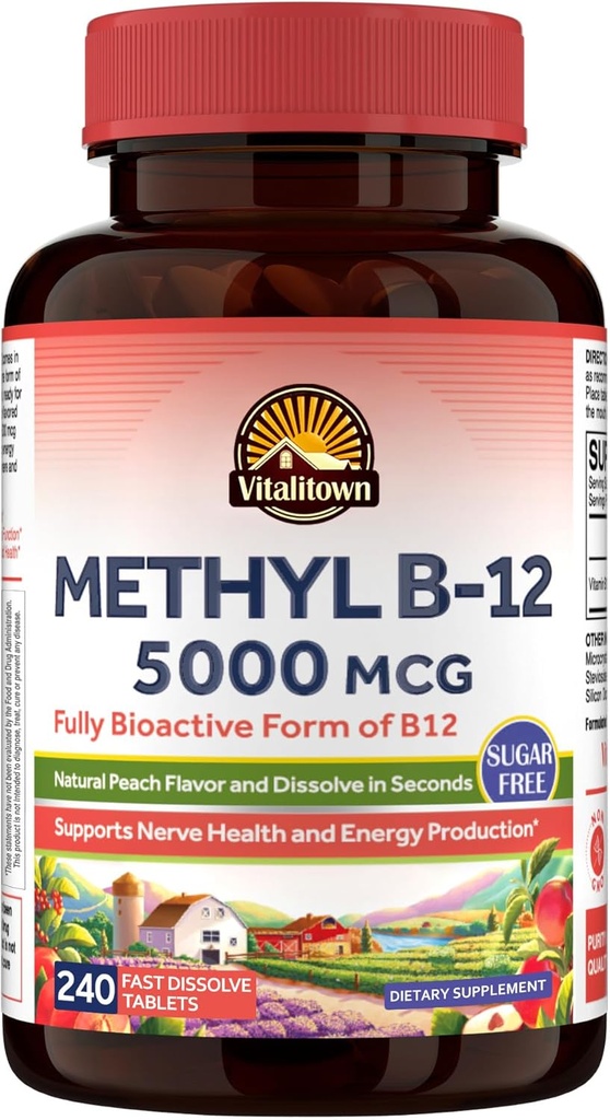 Vitalitown Vitamine B12 (méthyl B12) 5000 mcg, Forme entièrement bioactive, Soutien de la production d'énergie, Saveur de pêche naturelle, Zéro sucre, 240 comprimés à dissolution rapide