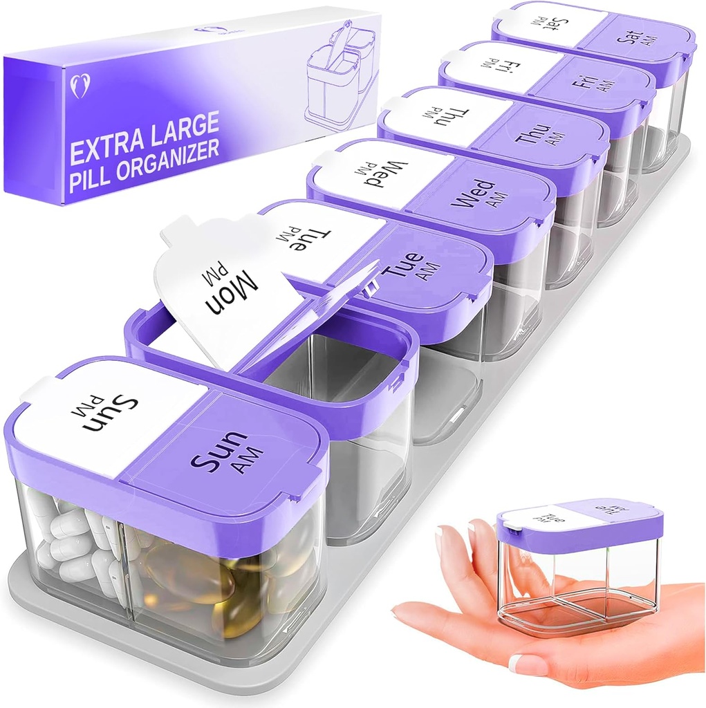 Très grand organisateur hebdomadaire de pilule - XL Vitamine Holder avec 7 compartiments de PM amovibles - Distributeur de médicaments portables pour la maison et le voyage, grand contenant de supplément pour usage hebdomadaire ou quotidien, violet