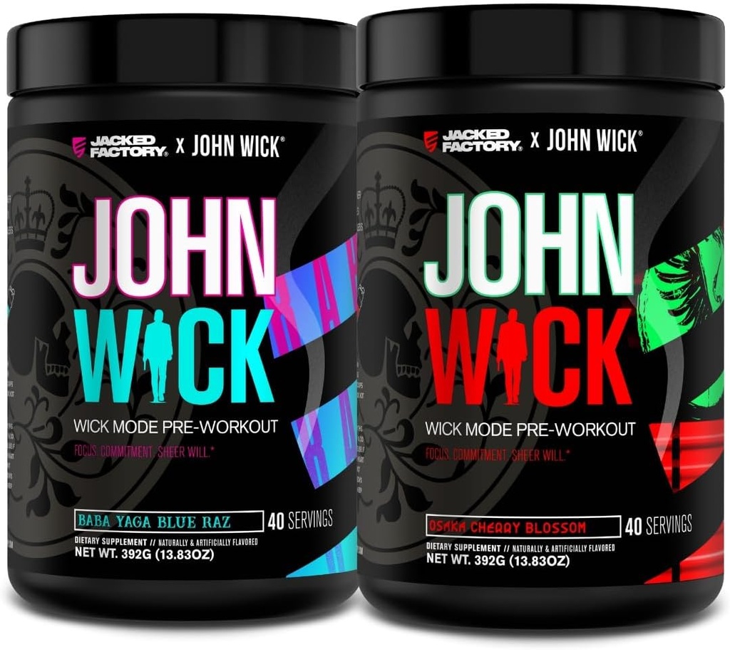 Jacked Factory X John Wick - Poudre de préentraînement en mode Wick - Énergie intense, mise au point de bataille, engagement inarrêtable et volonté pure - Baba Yaga Blue Raz & Osaka Cherry Blossom (80 portions)