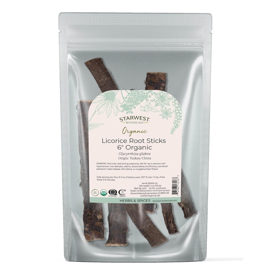 Starwest Botanicals Bâtons de racine de réglisse séchée biologique 6" - Herbe pour les mélanges de thé à feuilles molles, bonbons, et produits cuits, coupés et tamisés, casher certifié, non-OGM - 4 oz Pouch