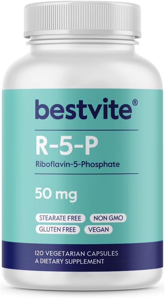 BESTVITE Riboflavin-5-Phosphate 50mg (120 capsules végétariennes) - Pas de stéarate - Vegan - Non OGM - Sans gluten - Forme bioactive de vitamine B2
