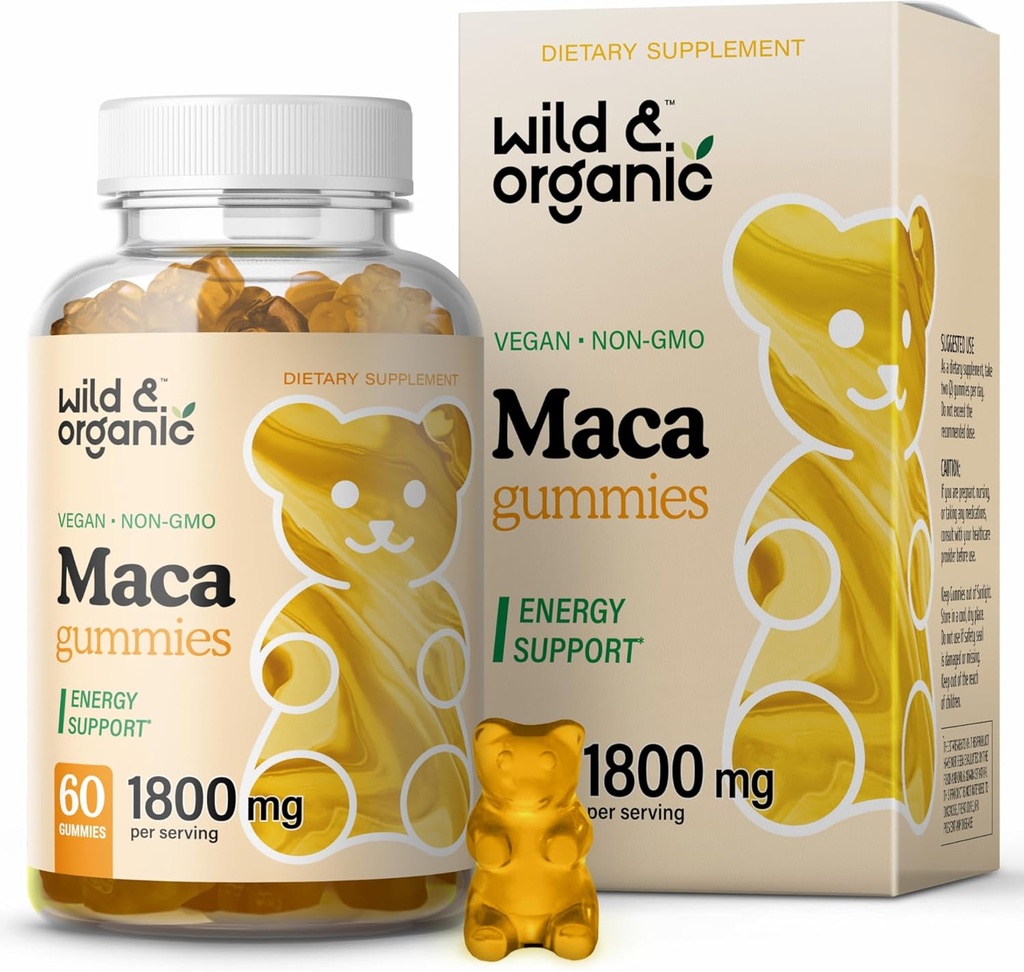 Gummées de racine de maca sauvage et biologique 1800mg - Jaune, Rouge, Black Maca Powder Chews pour l'ensemble et le soutien de l'humeur - Supplément péruvien pour les hommes et les femmes - 60 Gummées Vegan, Non-OGM
