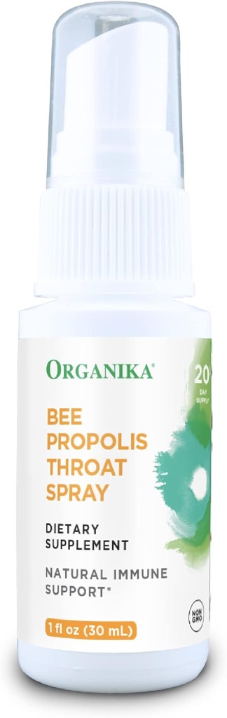 Spray de gorge de propolis d'abeille d'Organika – Soutien naturel immunitaire et soulagement de la gorge douloureuse – Sans gluten, supplément antioxydant - sans alcool liquide, 1 oz