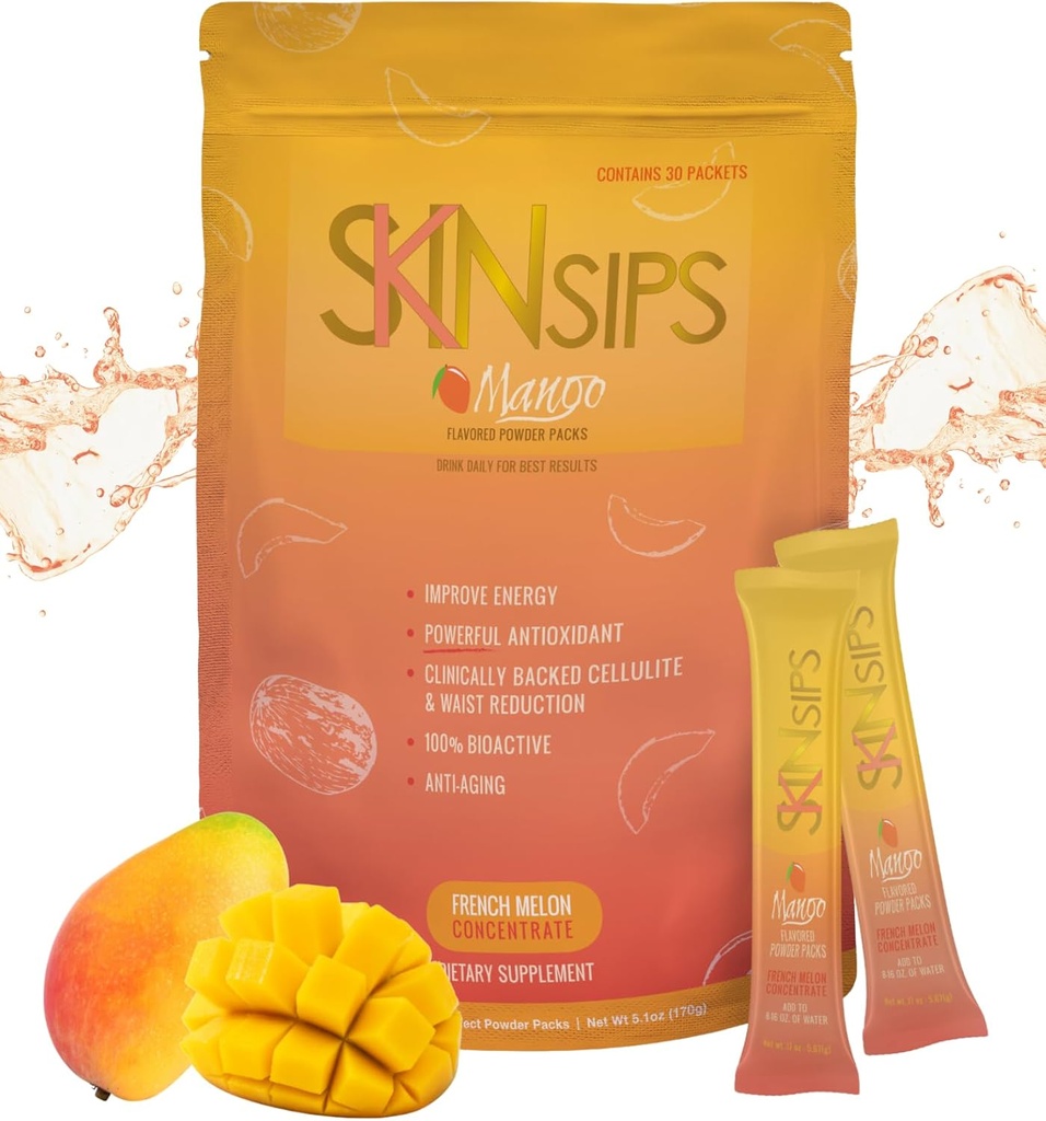 Skin Health & Energy Boost Drink Mix- Sans sucre, SOD B (TM), Antioxydants du concentré Melon français, Sur les paquets de bâtons de go, Mangue, 30 Pack