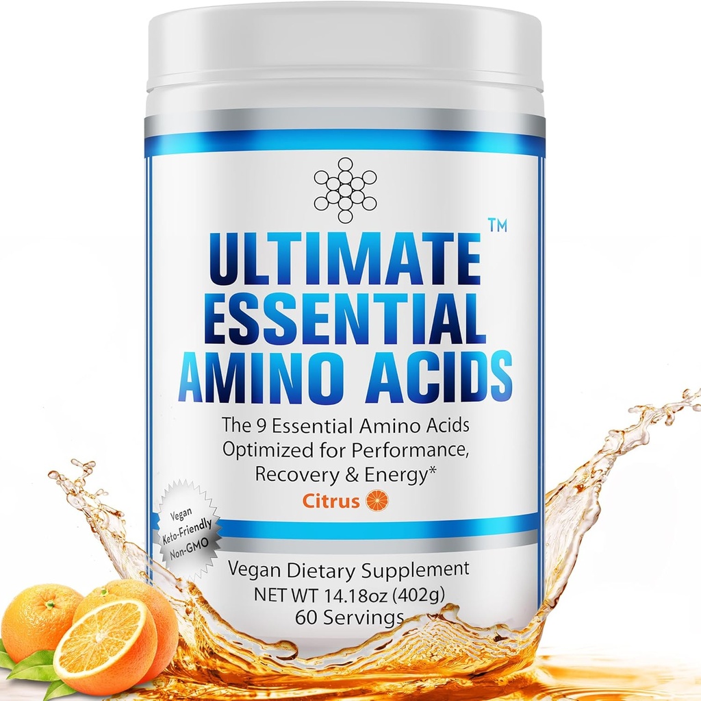 Ultimate 100% acides aminés essentiels poudre [Citrus Flavor, 60 (5g) portions] BCAA Plus L-Lysine, L-Thréonine, L-Phenylalanine, L-Méthionine, L-Histidine et L-Tryptophane supplément nutritionnel