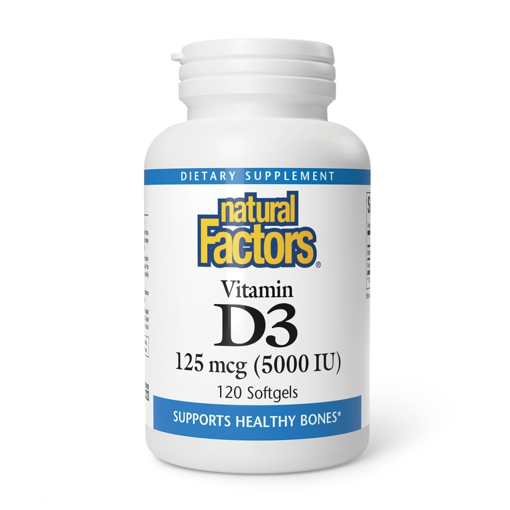 Facteurs naturels - Vitamine D3 5000 UI, soutient les os sains, 120 gels doux