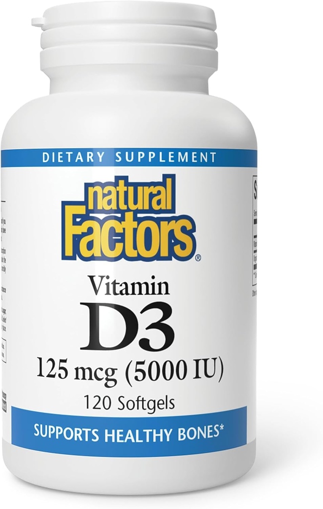 Facteurs naturels - Vitamine D3 5000 UI, soutient les os sains, 120 gels doux