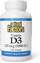 Facteurs naturels - Vitamine D3 5000 UI, soutient les os sains, 120 gels doux
