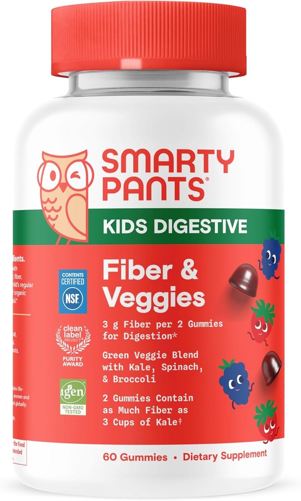 SmartyPants Fibres et légumes pour enfants: Gommies de fibres prébiotiques pour enfants, supplément de fibre avec inuline, mélange de légumes verts biologiques, végétalien, sans gluten, saveur de baies mixtes, 60 comtes (30 jours d'approvisionnement)