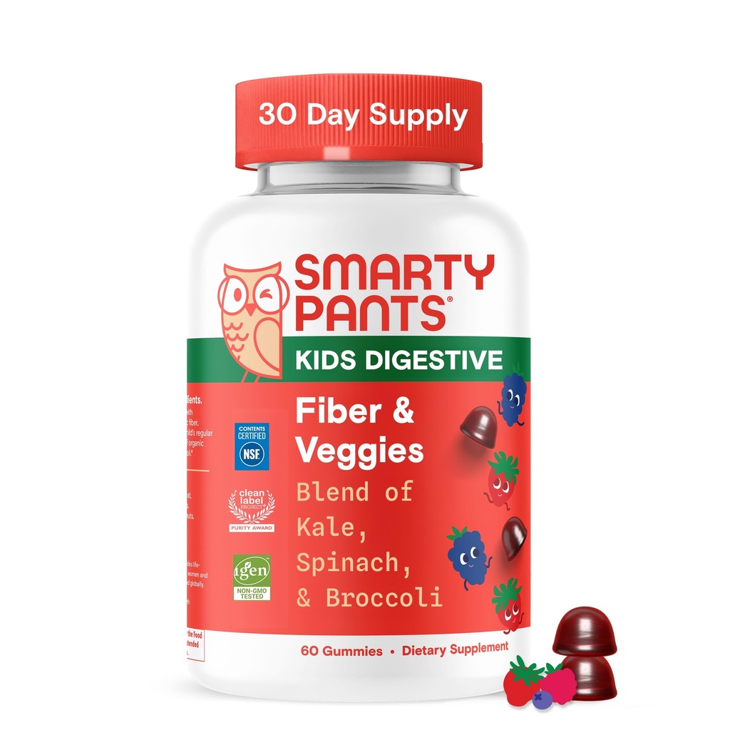 SmartyPants Fibres et légumes pour enfants: Gommies de fibres prébiotiques pour enfants, supplément de fibre avec inuline, mélange de légumes verts biologiques, végétalien, sans gluten, saveur de baies mixtes, 60 comtes (30 jours d'approvisionnement)