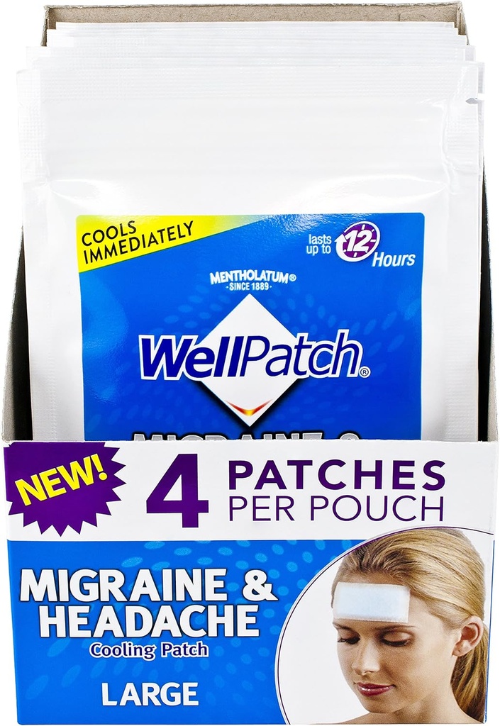 WellPatch migraine et maux de tête Cooling Patch - sans médicament, dure jusqu'à 12 heures, sans danger pour l'utilisation avec des médicaments - grands patchs (4 paquets de 4 Patches), chaque 4,3 x 2 en
