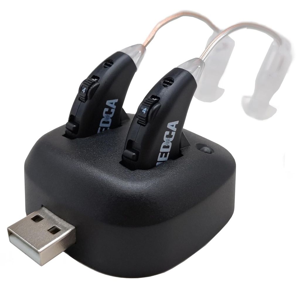 Amplificateurs audio numériques - paire d'amplificateurs audio personnels BTE rechargeables BTE avec dock USB, derrière les appareils d'amélioration de l'ouïe avec longue durée de vie de la batterie, noir