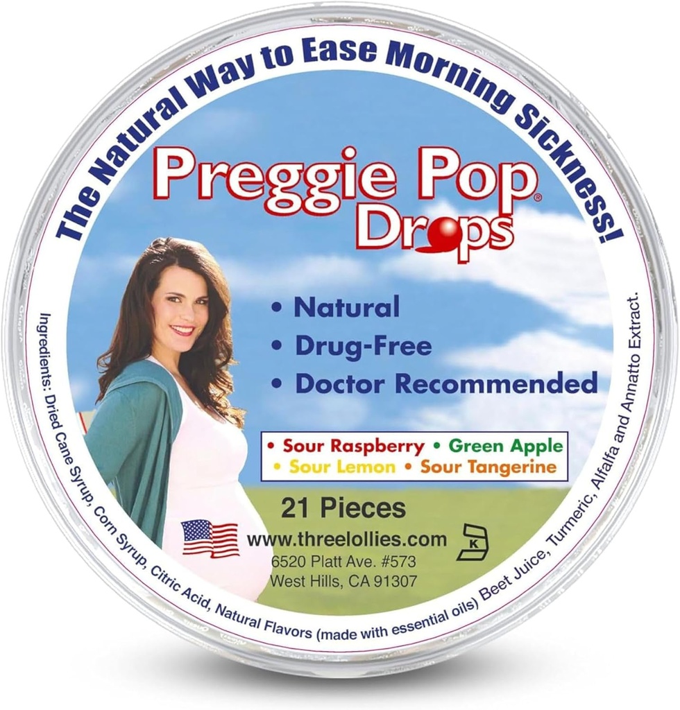Preggie Pop Drops: 21 gouttes: Matin Maladie pendant la grossesse: En sécurité pour femme enceinte et bébé: Sans gluten: quatre saveurs: citron, framboise, pomme verte, Tangerine