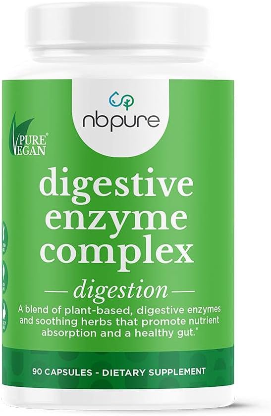 Nbpure Vegan Digestive Enzyme Complex – Daily Bloating, Gas, & Food Digestive Support for Women & Men – 12 Enzymes & 3 Herbs – Lactase, Protease, Lipase, Ginger, Cinnamon, Peppermint + More