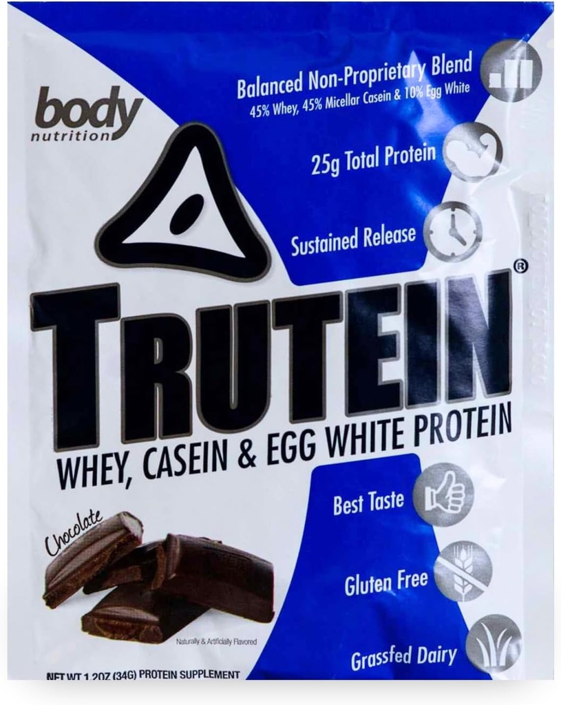 Nutrition corporelle Trutein Poudre à haute teneur en protéines : 45 % de lactosérum, 45 % de caséine, 10 % de blanc d'oeuf, sans gluten, faible teneur en sodium, poudre de protéines de lactosérum, supplément de gymnastique et petit déjeuner, chocolat, échantillon de 34g