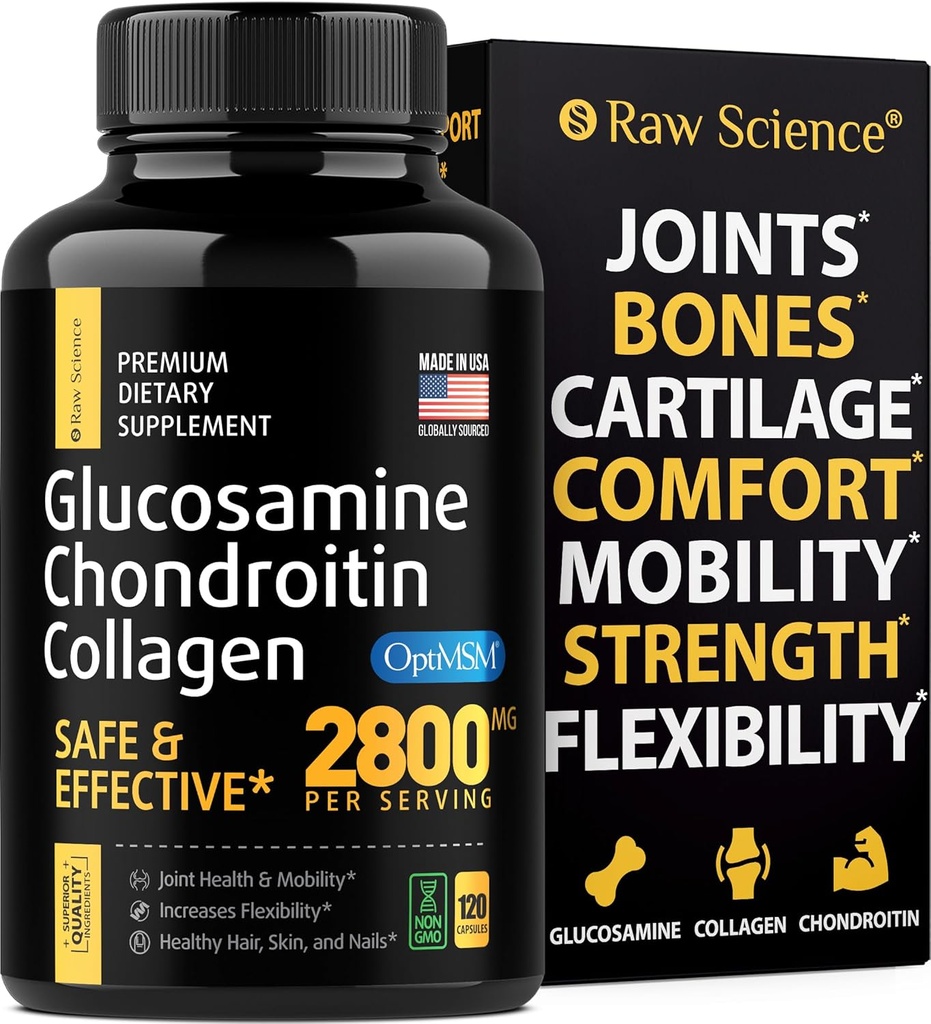 Glucosamine Chondroïtine MSM Capsules - Supplément de soutien pour adultes, 2800 mg Vitamines Triple Strength : Glucosamine HCL, Sulfate de Chondroïtine avec OptiMSM - Réduit le malaise articulaire, 120 Capsules