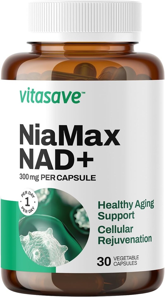Supplément Vitasave NiaMax NAD+ – 300 mg de Riboside de Niacinamide par gélule – Précurseur NAD+ à haute puissance pour l'énergie, le vieillissement en santé et la fonction métabolique – végétalien, non-OGM, sans gluten (30 capsules)