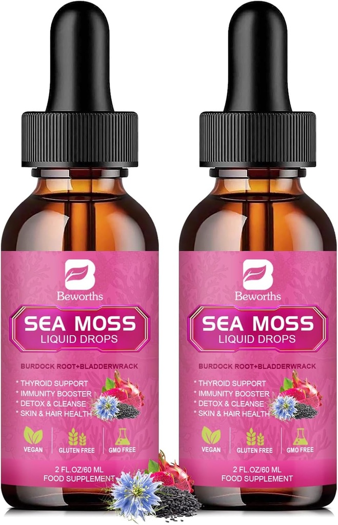 Gouttes liquides de mousse de mer - Huile de graines noires et gel de mousse de mer d'Irlande avec bardage racine Bladderwrack, Elderberry, Spirulina, supplément Seamoss pour booster d'énergie, santé digestive - 4 Fl Oz, Vegan