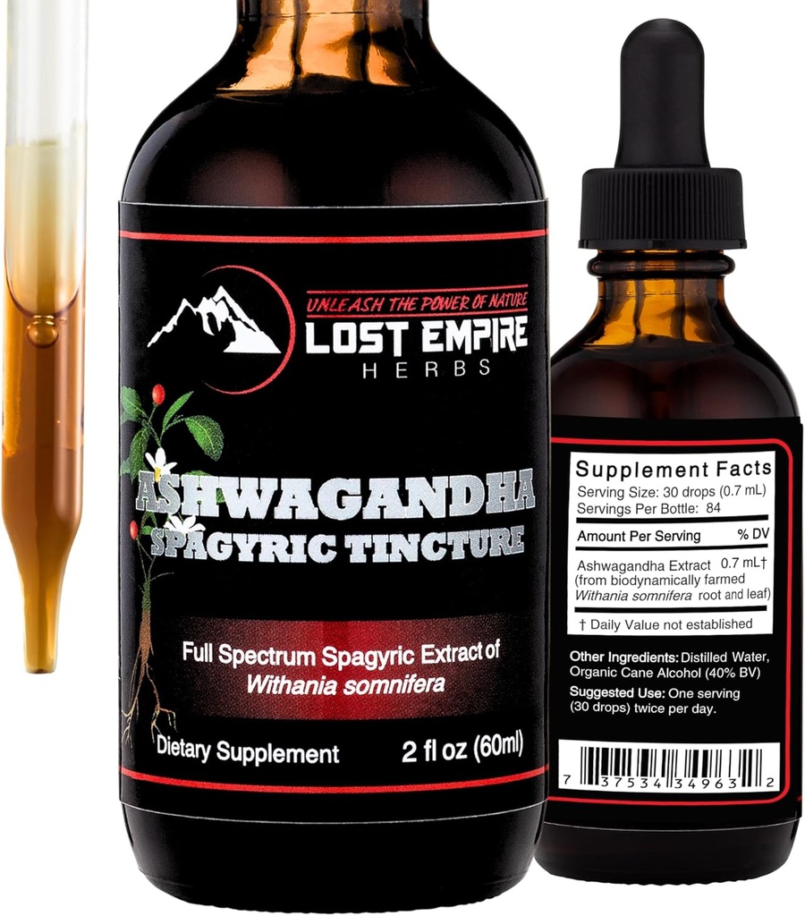 Lost Empire Herbes Ashwagandha Teinture Spagyric - gouttes liquides extrait de racine pour les hommes, les femmes, le sommeil, le cortisol - Meilleur supplément Ashwagandha USA Grown Organic (2 fl oz)
