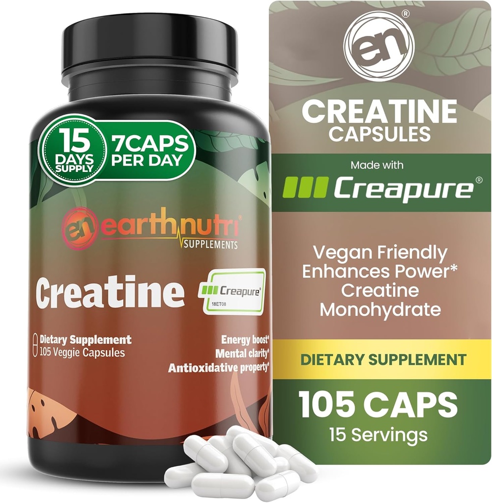EarthNutri Creatine Capsules monohydratées - Micronisées pour une meilleure absorption - Supporte la force musculaire, la force et la récupération - 105 Capsules (5000mg par portion, 7 Capsules)