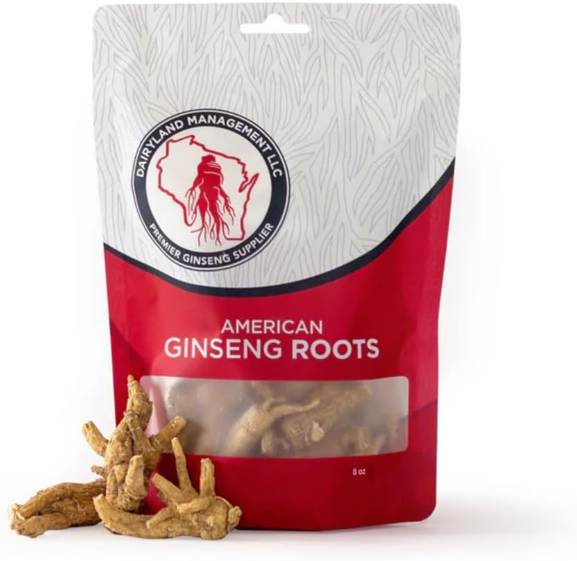 Racines de ginseng américain de Dairyland - 8 oz de Wisconsin Racine de ginseng - Ginseng américain authentique - sans OGM, sans gluten Ginseng entier - Utilisez ce supplément à base de plantes dans soupe, thé, congee