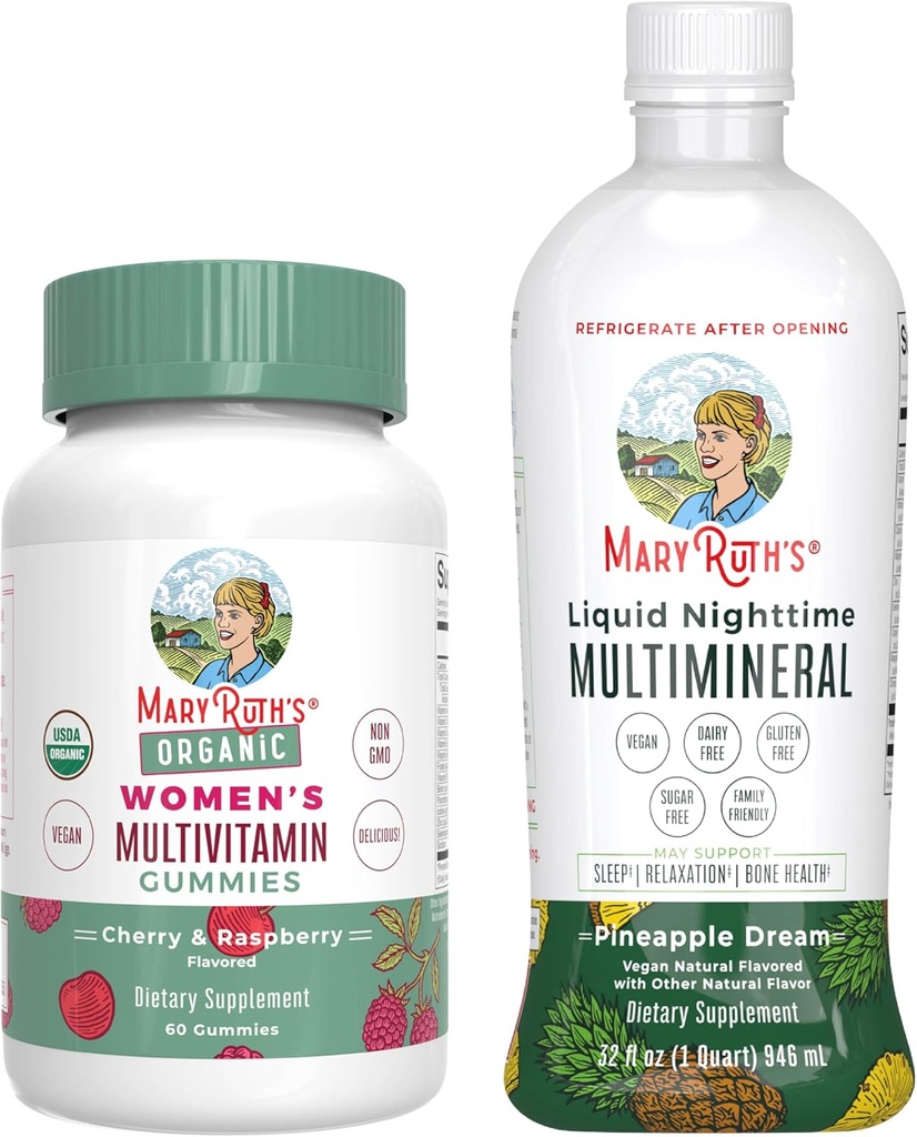 Gommies multivitamines de MaryRuth pour les femmes (Cherry & Raspberry) & liquide de nuit multiminéraux (Pineapple)