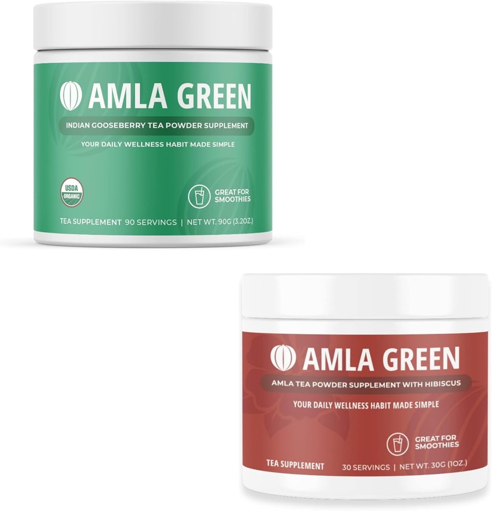 Amla Powder & Green Tea Superfood Supplement, Antioxydant Support, Fabriqué avec des Gooseberries indiennes (90 portions) et Hibiscus (30 portions), Bio, Vegan