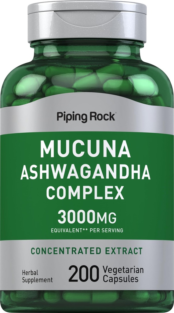 Piping Rock Mucuna Ashwagandha 3000mg , 200 Capsules , Supplément d'extrait complexe pour les femmes et les hommes , Végétarien, Non-OGM, Sans gluten