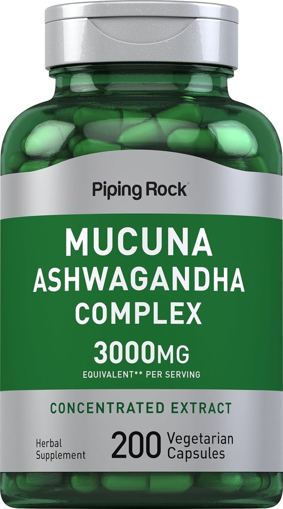 Piping Rock Mucuna Ashwagandha 3000mg , 200 Capsules , Supplément d'extrait complexe pour les femmes et les hommes , Végétarien, Non-OGM, Sans gluten