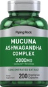 Piping Rock Mucuna Ashwagandha 3000mg , 200 Capsules , Supplément d'extrait complexe pour les femmes et les hommes , Végétarien, Non-OGM, Sans gluten