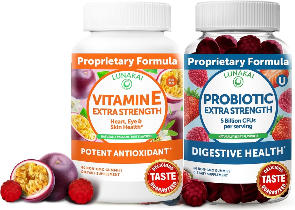 Lunakai Vitamine E and Probiotic Gummies Bundle - 3000 mcg Gummies for Adults Energy Support - avec 5 milliards d'UFC par service pour la santé digestive - Non-OGM, tous naturels