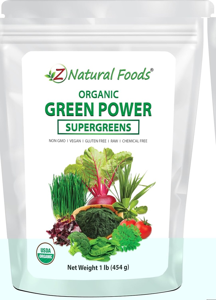 Z Aliments naturels Verts organiques Poudre de superaliments - Herbe d'orge, Graine de blé, Spiruline, Épinards, Brocoli, Alfalfa Feuille, Racine de betterave, Tomate, Dulse et Moringa - cru végétalien sans gluten - 1lb