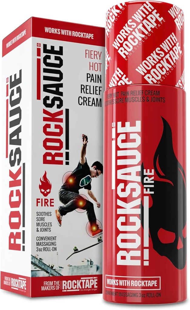 RockSauce Fire, 3 oz Roll-On - Facile à utiliser Crème de soulagement de la douleur - La formule Capsaicin & Menthol soulage la douleur musculaire et articulaire - Œuvres avec RockTape - No-Mess Applicator - Sans colorant, ne coupera pas les vêtements