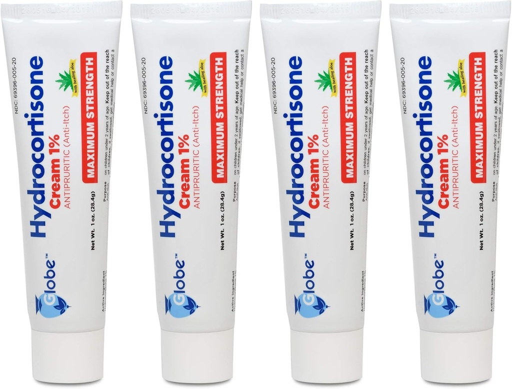 Globe (4 Pack) Hydrocortisone Crème anti-démangeaison maximale 1% p/Aloe, formule intensive pour rougeur, rash, Bug & Mosquito Bites, Eczéma, Hémorroïdes, Peau sensible, Démangeaison instantanée, 1 oz Tube