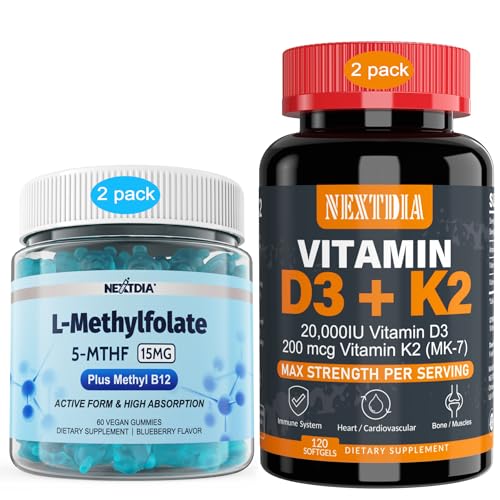 Vitamine D3 20 000 UI + K2(MK7) 200mcg, L-MéthylFolat 15mg et Méthyl B12 Gommies
