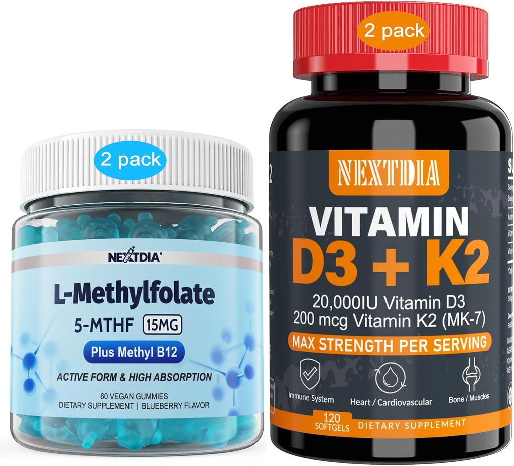 Vitamine D3 20 000 UI + K2(MK7) 200mcg, L-MéthylFolat 15mg et Méthyl B12 Gommies