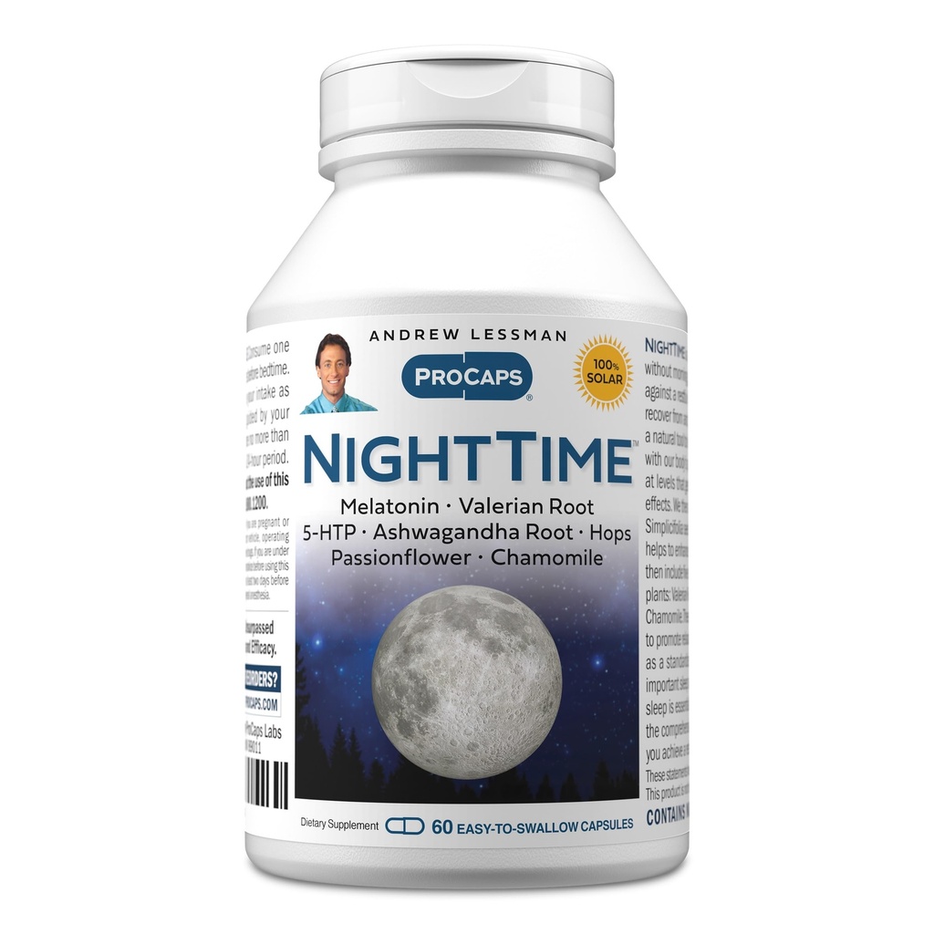 ANDREW LESSMAN Night Time 60 Capsules - 3mg Melatonine, Valérien, Ashwagandha, Passionflower, Hops, Camomille. Pas de groggie du matin. Soutien naturel, sommeil doux et reposant. Capsules faciles à avaler
