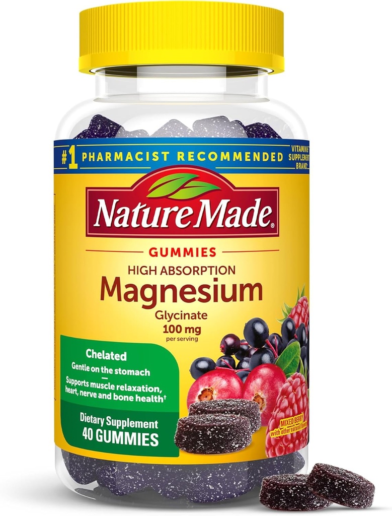 Nature faite haute absorption Magnésium Glycinat Gommies 100 mg par service, muscle, nerve, os et soutien cardiaque, supplément de magnésium, 40 Magnésium Gommies, 20 jours d'approvisionnement