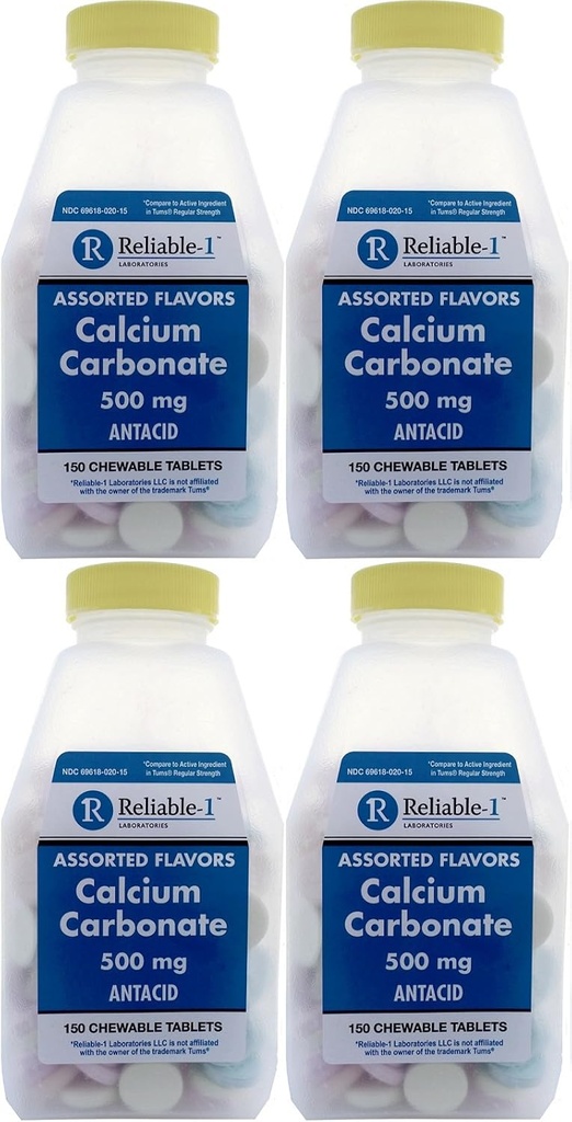 Calcium 500 mg Generic for Tums Assorted Fruit Flavored Chewable Tablets Regular Strength Antacid for Acid Indigestion, Heartburn, Sour Stomach 150 Chewable Tablets per Bottle Pack of 4