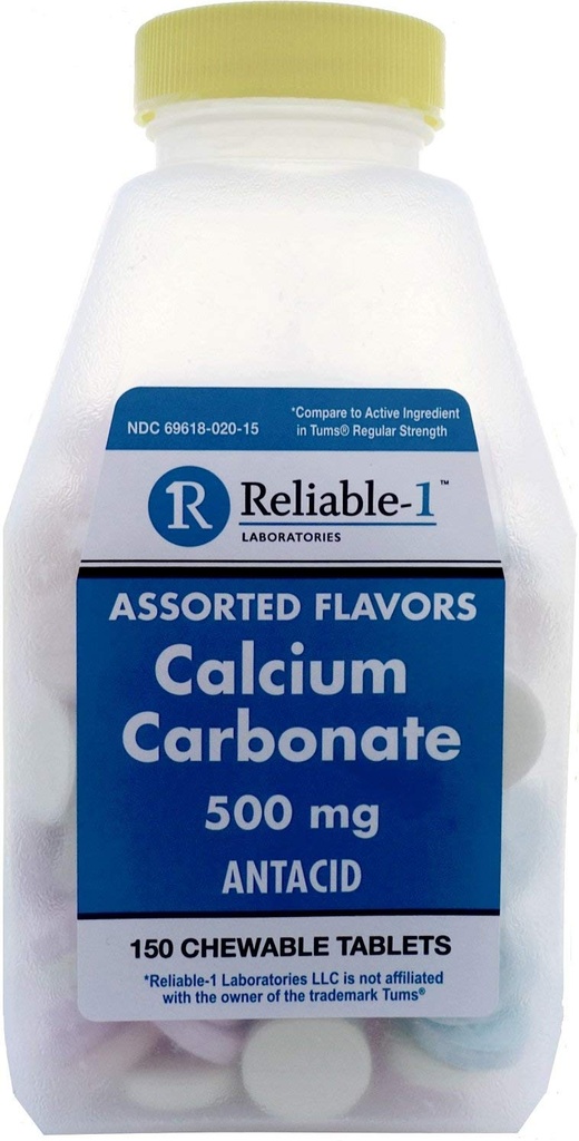 Calcium 500 mg Générique pour Tums Assortiment de fruits Comprimés à mâcher Aromatisés à base de fruits Antiacide à force régulière pour l'indigestion acide, brûlures d'estomac, stomach acide 150 Comprimés à mâcher par boîte de 4 bouteilles