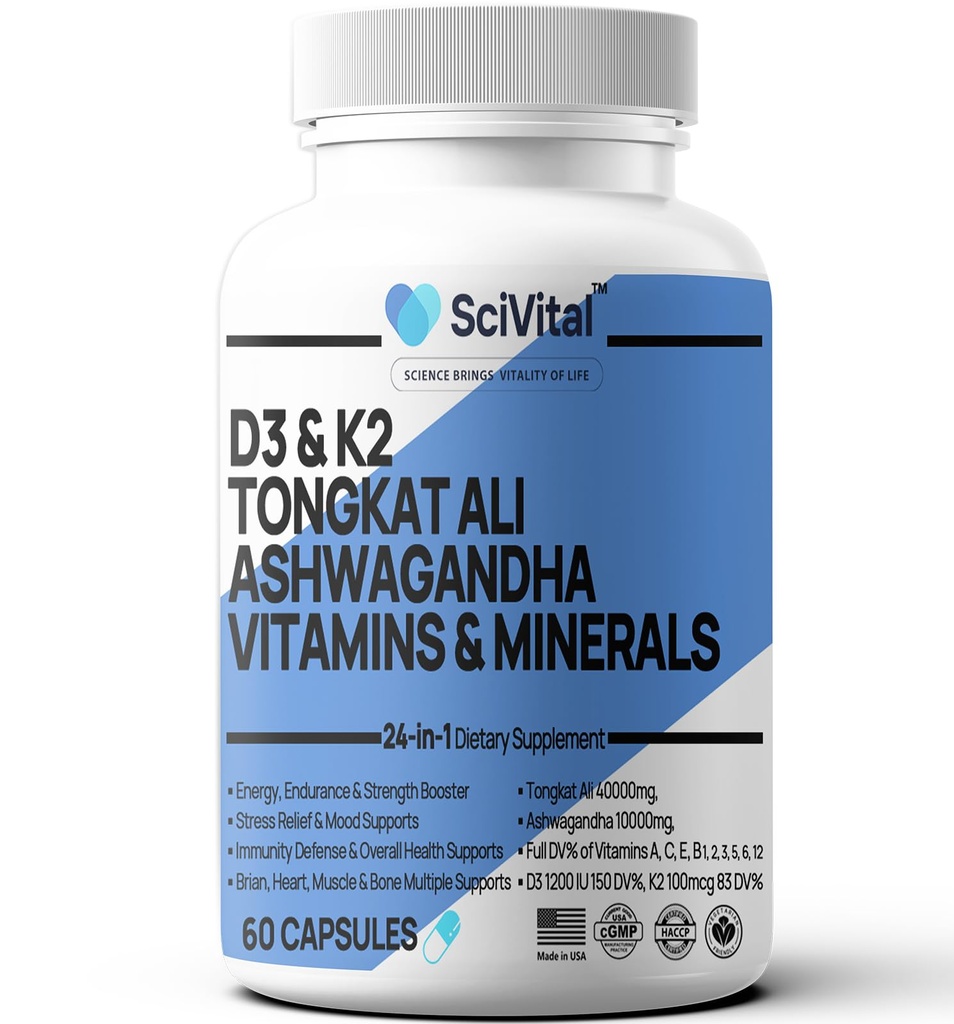Ashwagandha 10000mg Tongkat Ali 40000mg Supplément avec Multivitamine D3 K2 - Santé et stress des hommes, Mood, Energy, Endurance Support - Ashwagandha Capsules Tongkat Ali pour les hommes USA - 60 Comte