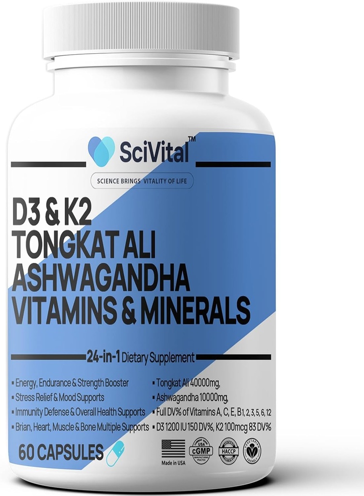 Ashwagandha 10000mg Tongkat Ali 40000mg Supplément avec Multivitamine D3 K2 - Santé et stress des hommes, Mood, Energy, Endurance Support - Ashwagandha Capsules Tongkat Ali pour les hommes USA - 60 Comte