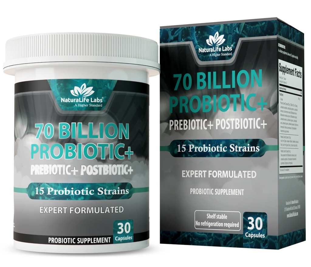 NaturaLife Labs Probiotiques 70 milliards CFU – 15 souches avec prébiotique biologique et postbiotique – formule 3-en-1 – 30 capsules véganes
