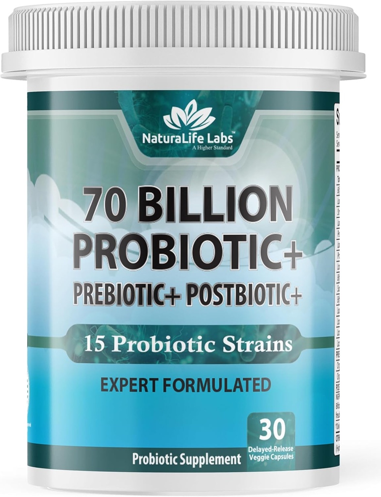 NaturaLife Labs Probiotiques 70 milliards CFU – 15 souches avec prébiotique biologique et postbiotique – formule 3-en-1 – 30 capsules véganes