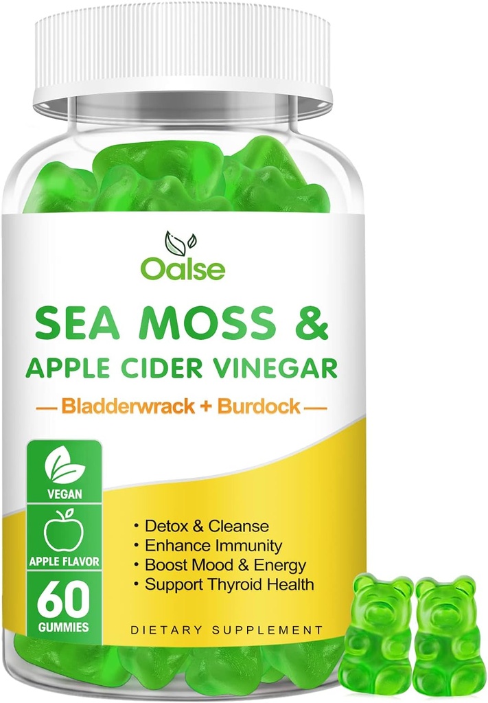 Gummies de mousse de mer - vinaigre de cidre d'Apple, bladderwrack, racine de lard - soutient la santé immunitaire,60 Ct