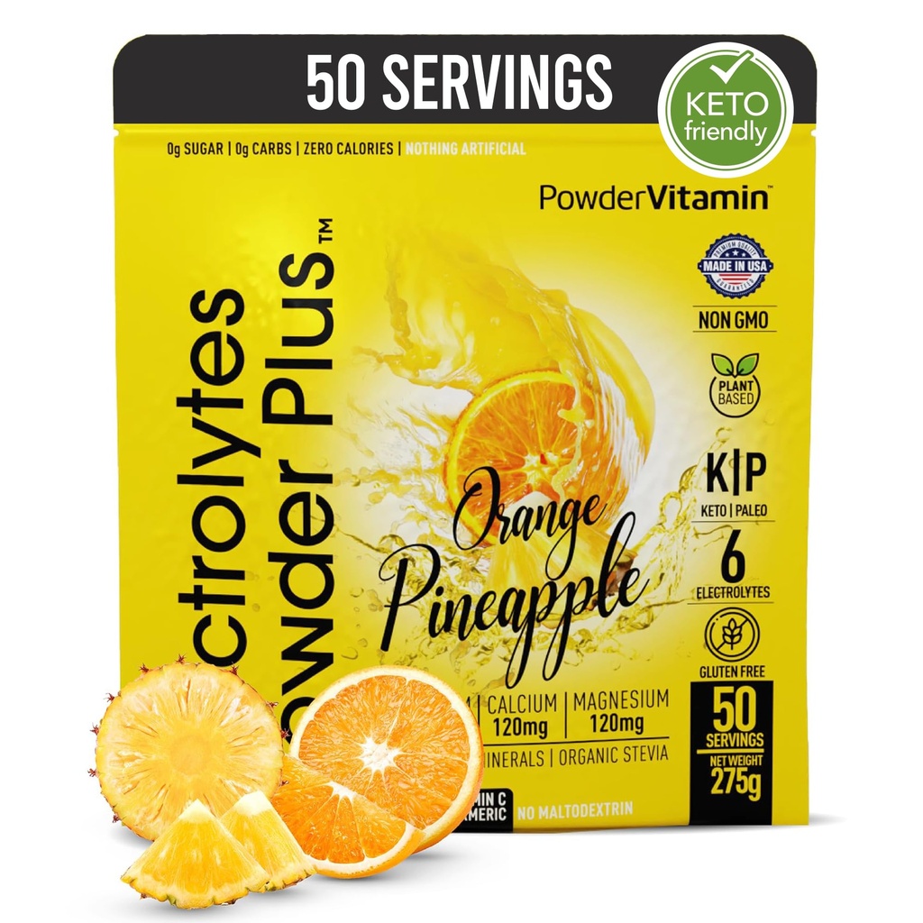 Poudre d'électrolytes Plus (50 portions), 0 Calorie Keto, 0 Sucre, Pas de maltodextrine,1000mg Potassium,120mg Calcium,120mg Magnésium, Poudre d'hydratation (50 portions, Ananas orange)