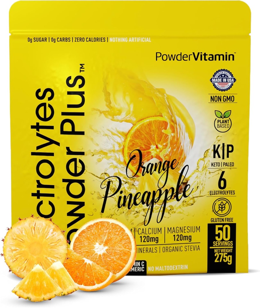 Poudre d'électrolytes Plus (50 portions), 0 Calorie Keto, 0 Sucre, Pas de maltodextrine,1000mg Potassium,120mg Calcium,120mg Magnésium, Poudre d'hydratation (50 portions, Ananas orange)