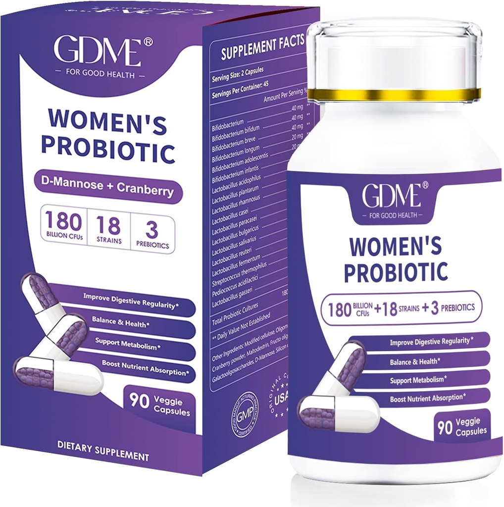 Probiotiques 180 milliards CFU 18 Strains contient des suppléments bio prébiotiques de canneberge Probiotique Digestion Immunity for Women's Health, Non soja Gluten Dairy Free 90 Capsules végétariennes