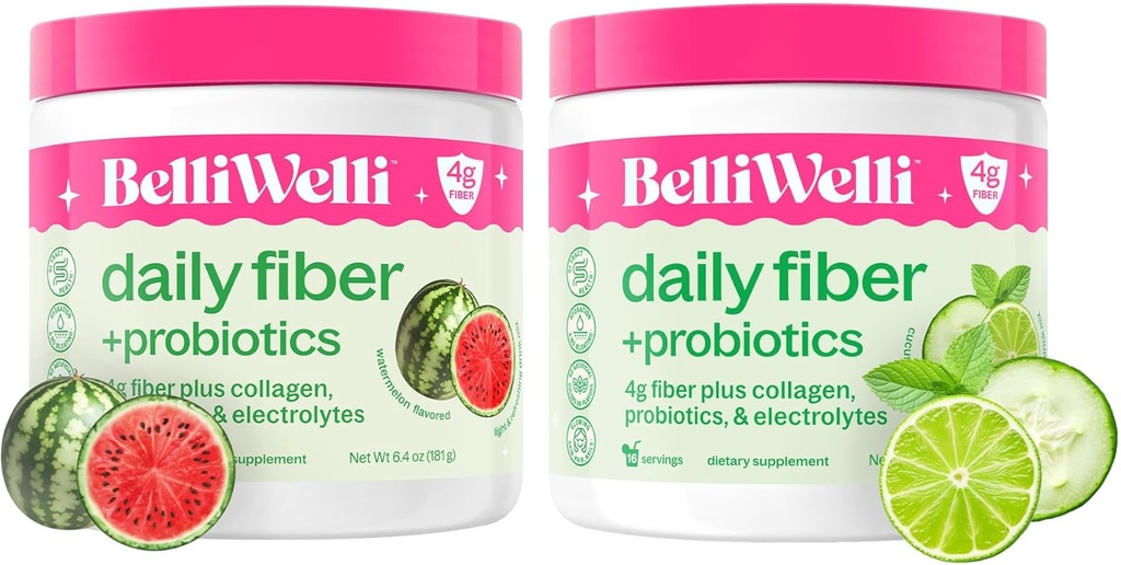 Belli Welli Daily Fiber Supplement Bundle - Cucumber Lime Mint & Watermelon - avec collagène, probiotiques et électrolytes - Rafraîchir les saveurs de bien-être, 32 Total des services